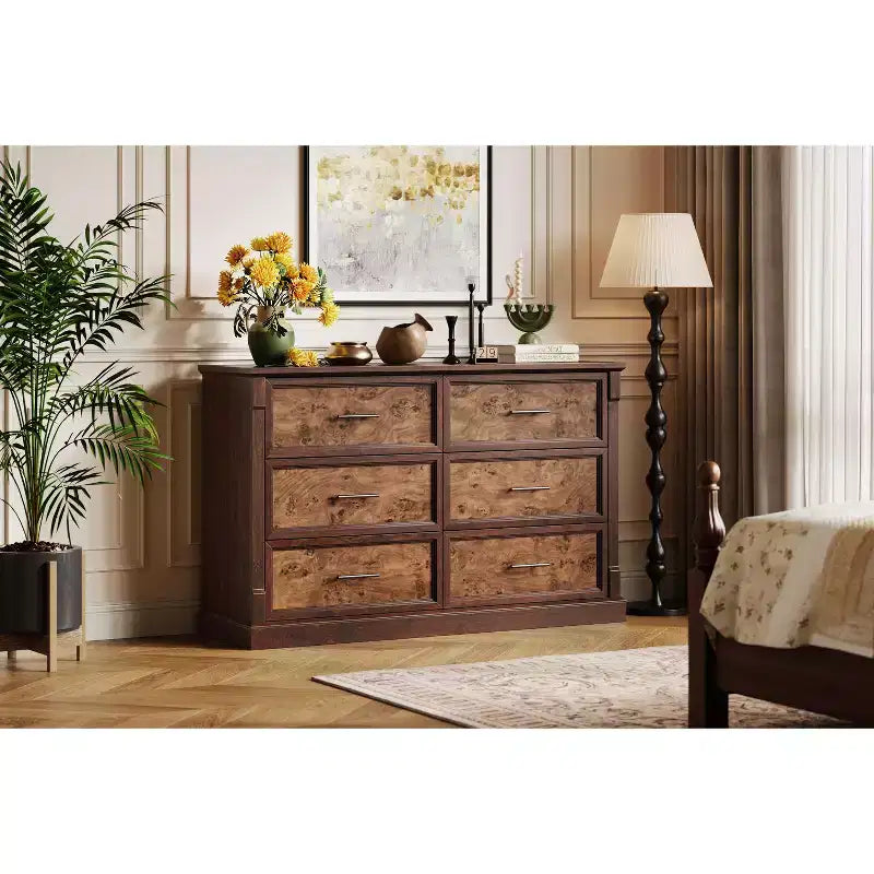 Commode de chambre à 6 tiroirs, grande commode rustique à deux niveaux avec poignées en métal, meuble en bois pour salon et couloir