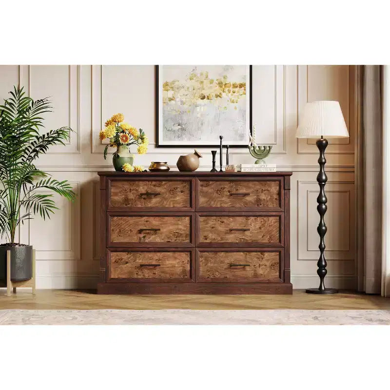 Commode de chambre à 6 tiroirs, grande commode rustique à deux niveaux avec poignées en métal, meuble en bois pour salon et couloir