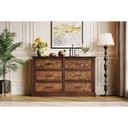 Commode de chambre à 6 tiroirs, grande commode rustique à deux niveaux avec poignées en métal, meuble en bois pour salon et couloir