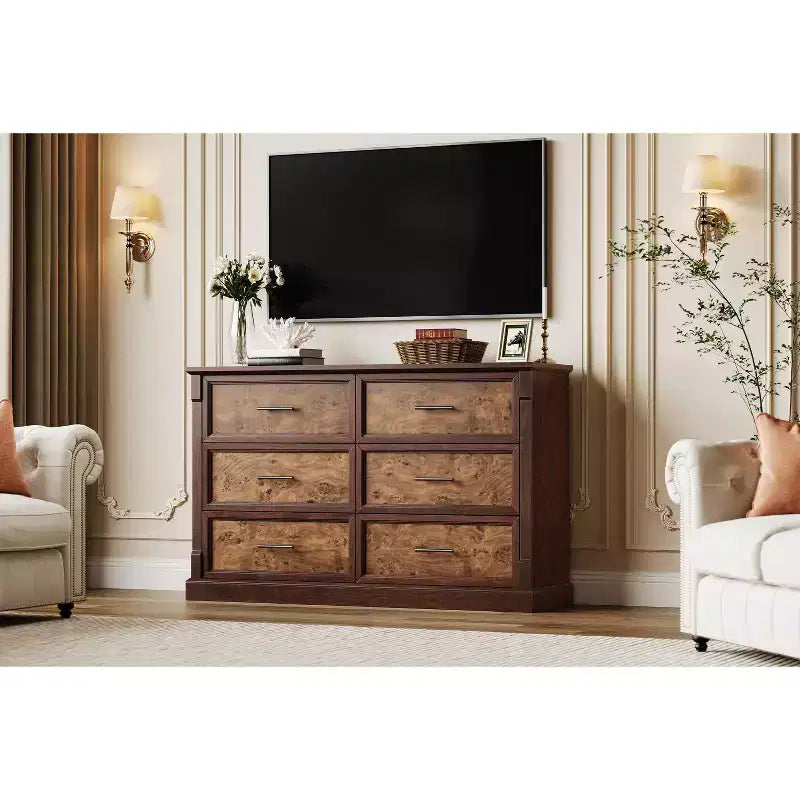 Commode de chambre à 6 tiroirs, grande commode rustique à deux niveaux avec poignées en métal, meuble en bois pour salon et couloir