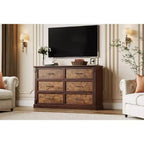 Commode de chambre à 6 tiroirs, grande commode rustique à deux niveaux avec poignées en métal, meuble en bois pour salon et couloir