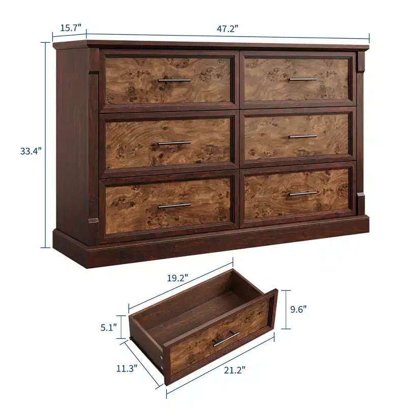 Commode de chambre à 6 tiroirs, grande commode rustique à deux niveaux avec poignées en métal, meuble en bois pour salon et couloir