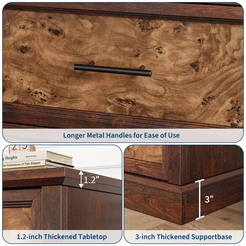 Commode de chambre à 6 tiroirs, grande commode rustique à deux niveaux avec poignées en métal, meuble en bois pour salon et couloir