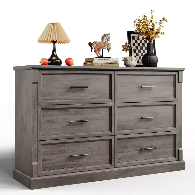 Commode de chambre à 6 tiroirs, grande commode rustique à deux niveaux avec poignées en métal, meuble en bois pour salon et couloir