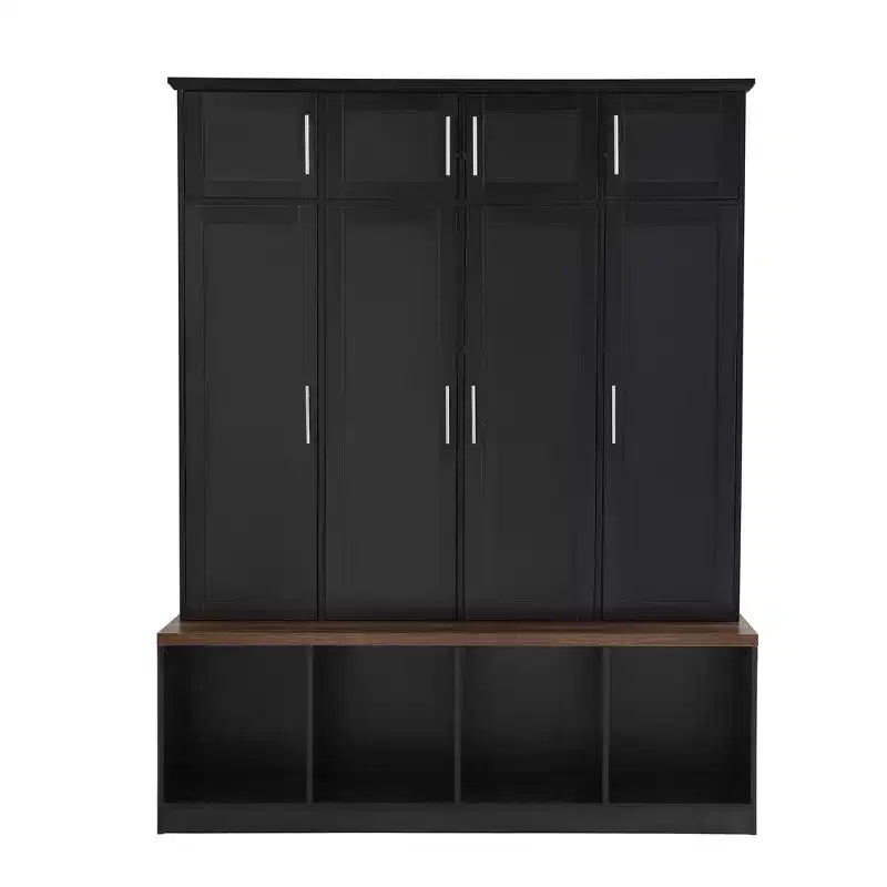 Meuble d'entrée avec banc, 8 armoires, 4 compartiments à chaussures et 4 crochets, Organisateur de buanderie noir