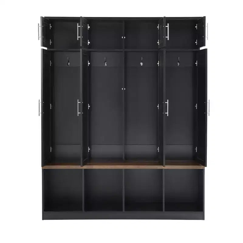 Meuble d'entrée avec banc, 8 armoires, 4 compartiments à chaussures et 4 crochets, Organisateur de buanderie noir