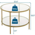 VINGLI Tables basses rondes en verre trempé de 65 cm, couleur champagne doré, à 2 niveaux avec rangement, table basse simple et moderne pour salon