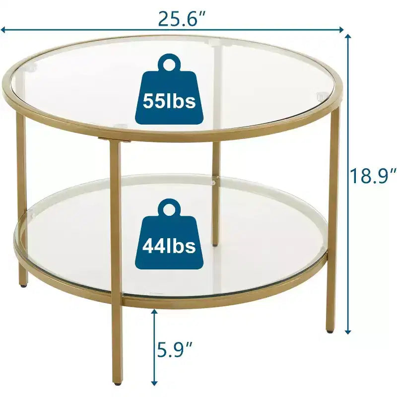VINGLI Tables basses rondes en verre trempé de 65 cm, couleur champagne doré, à 2 niveaux avec rangement, table basse simple et moderne pour salon