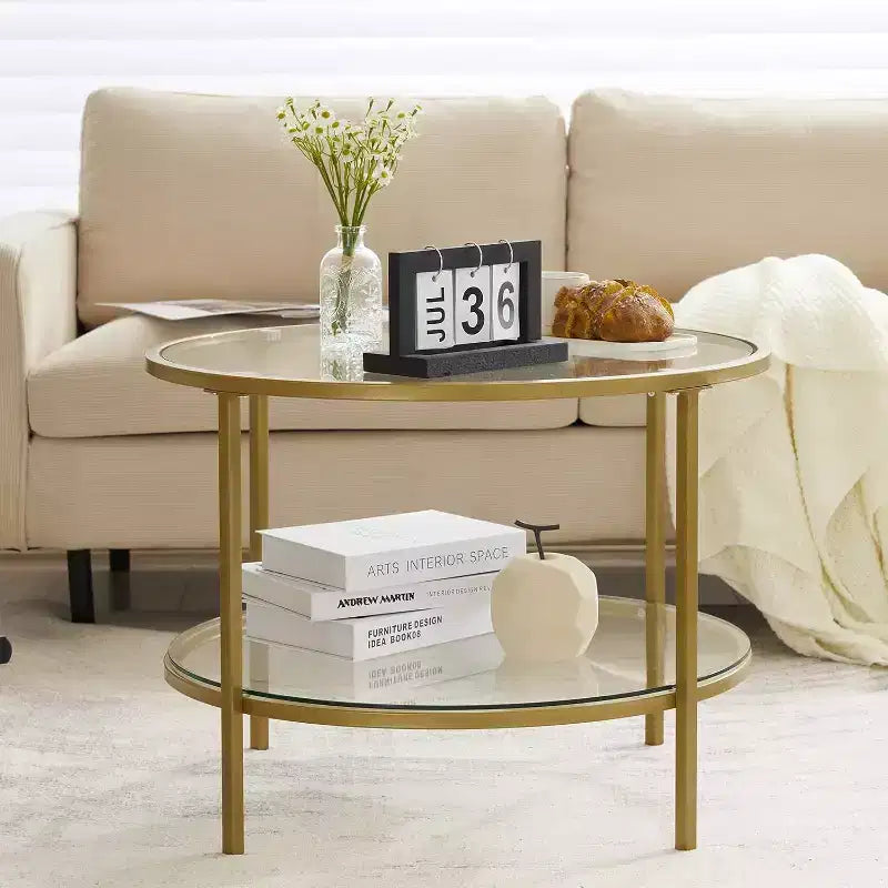 VINGLI Tables basses rondes en verre trempé de 65 cm, couleur champagne doré, à 2 niveaux avec rangement, table basse simple et moderne pour salon