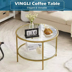 VINGLI Tables basses rondes en verre trempé de 65 cm, couleur champagne doré, à 2 niveaux avec rangement, table basse simple et moderne pour salon