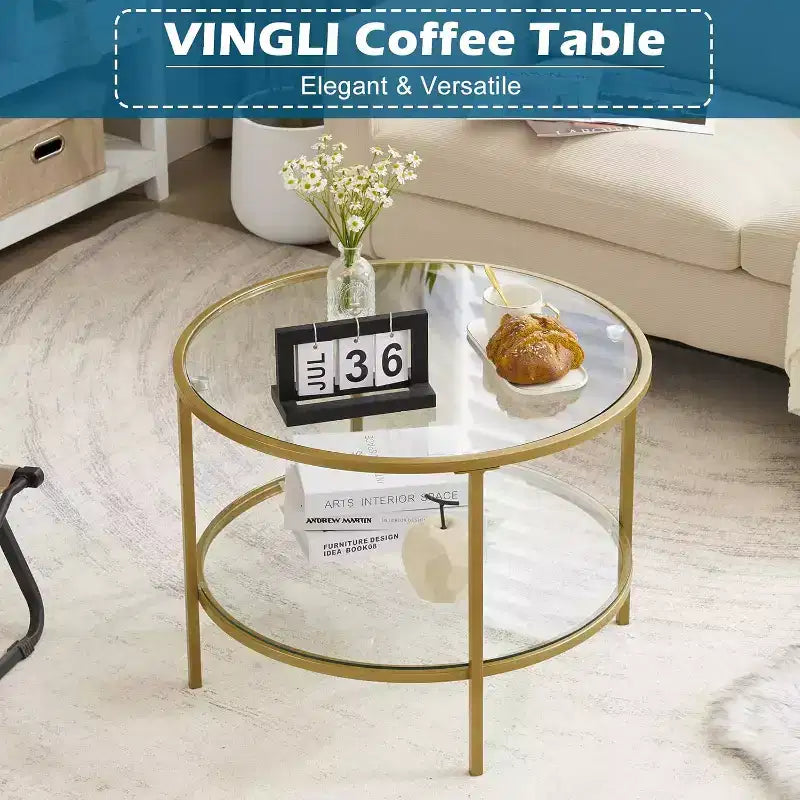 VINGLI Tables basses rondes en verre trempé de 65 cm, couleur champagne doré, à 2 niveaux avec rangement, table basse simple et moderne pour salon