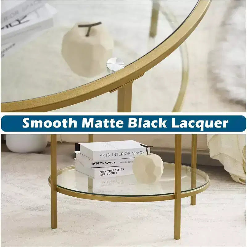 VINGLI Tables basses rondes en verre trempé de 65 cm, couleur champagne doré, à 2 niveaux avec rangement, table basse simple et moderne pour salon
