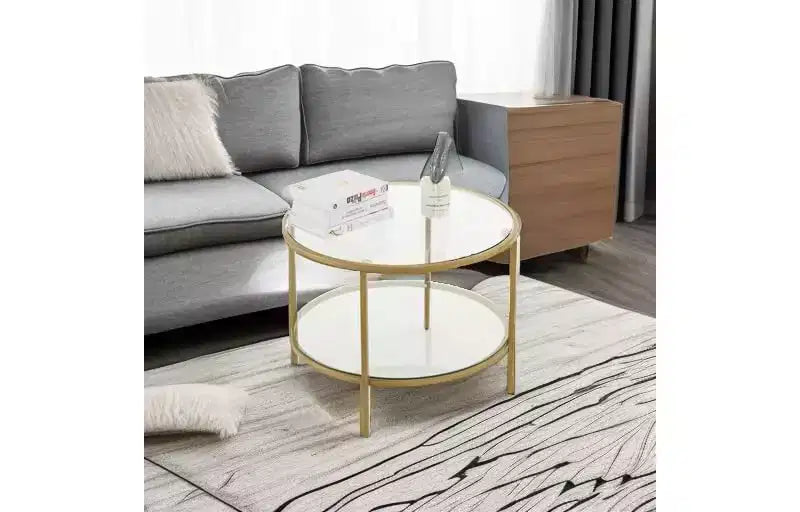 VINGLI Tables basses rondes en verre trempé de 65 cm, couleur champagne doré, à 2 niveaux avec rangement, table basse simple et moderne pour salon