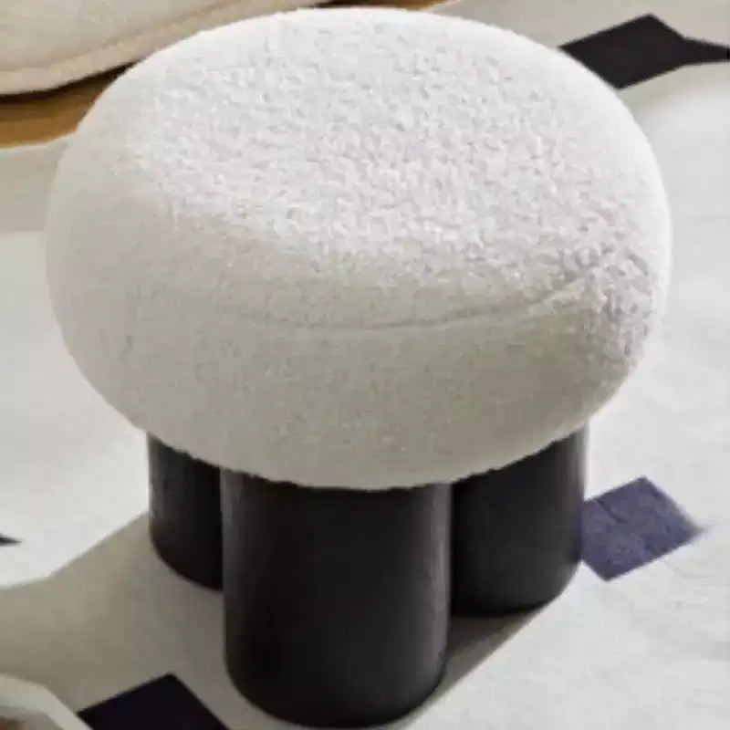 Pouffe ottoman plissé champignon, revêtement en laine d'agneau, base en placage de noyer, banc de chambre marron