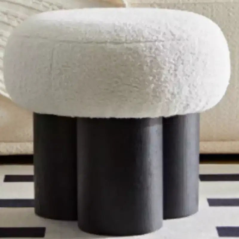 Pouffe ottoman plissé champignon, revêtement en laine d'agneau, base en placage de noyer, banc de chambre marron
