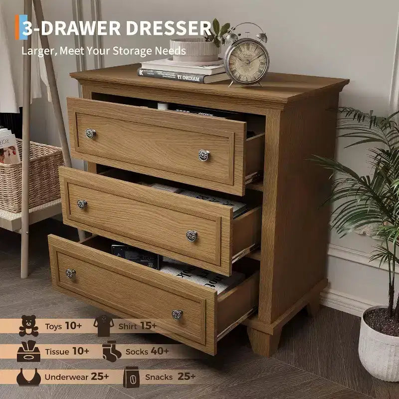 Commode moderne à 3 tiroirs, meuble de rangement en bois avec élégantes poignées métalliques, commode compacte pour chambre à coucher, salon, entrée, couloir