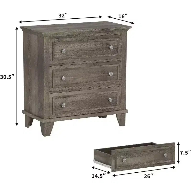 Commode moderne à 3 tiroirs, meuble de rangement en bois avec élégantes poignées métalliques, commode compacte pour chambre à coucher, salon, entrée, couloir