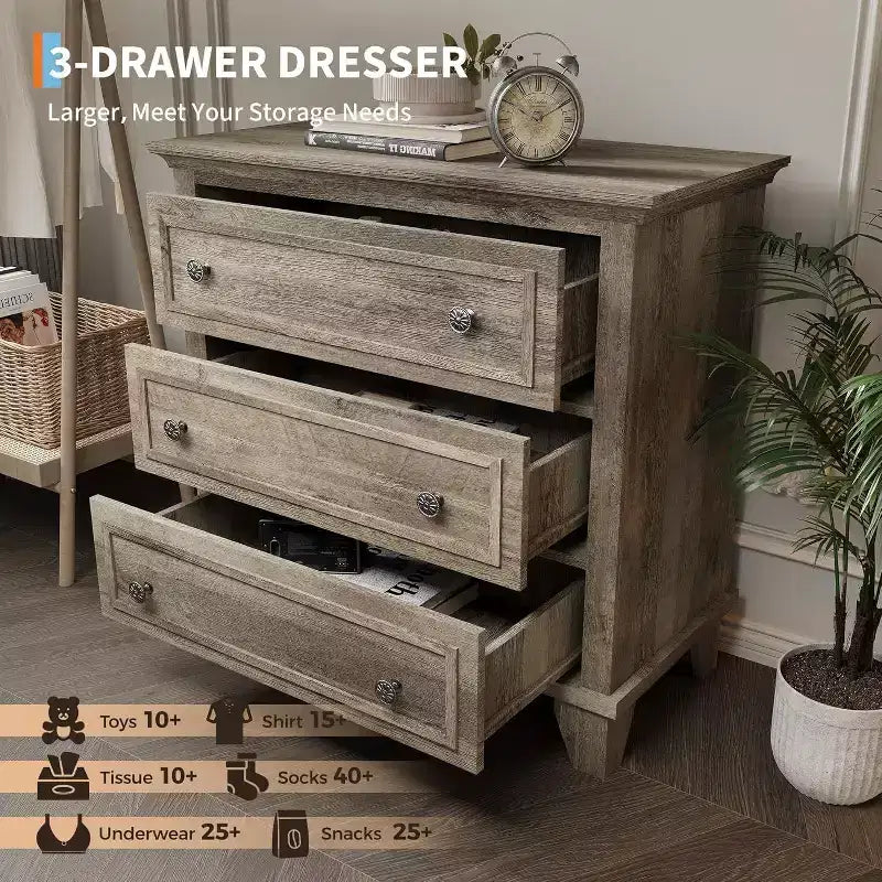 Commode moderne à 3 tiroirs, meuble de rangement en bois avec élégantes poignées métalliques, commode compacte pour chambre à coucher, salon, entrée, couloir