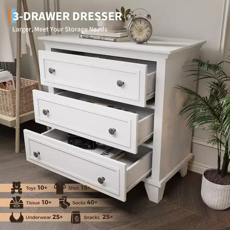 Commode moderne à 3 tiroirs, meuble de rangement en bois avec élégantes poignées métalliques, commode compacte pour chambre à coucher, salon, entrée, couloir