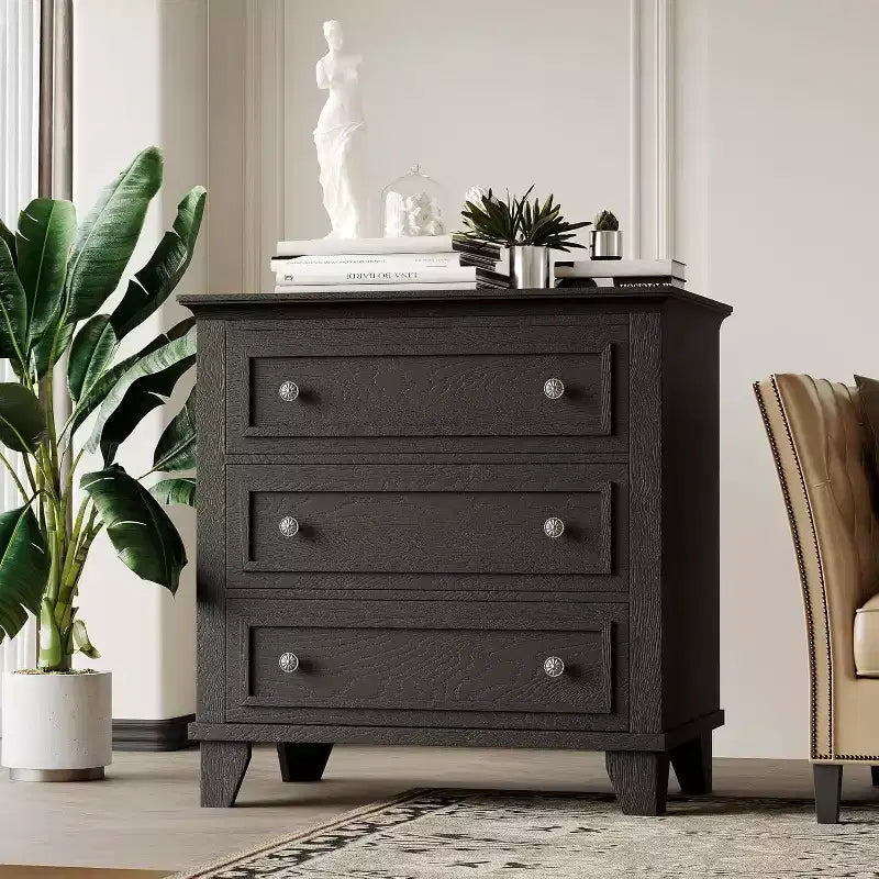 Commode moderne à 3 tiroirs, meuble de rangement en bois avec élégantes poignées métalliques, commode compacte pour chambre à coucher, salon, entrée, couloir