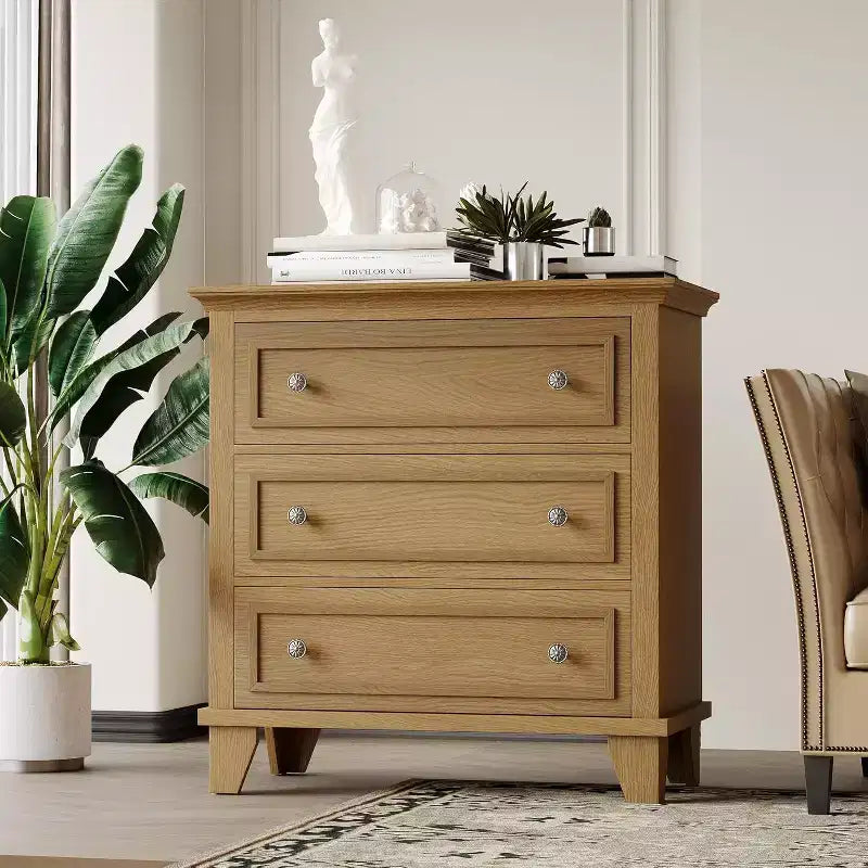 Commode moderne à 3 tiroirs, meuble de rangement en bois avec élégantes poignées métalliques, commode compacte pour chambre à coucher, salon, entrée, couloir
