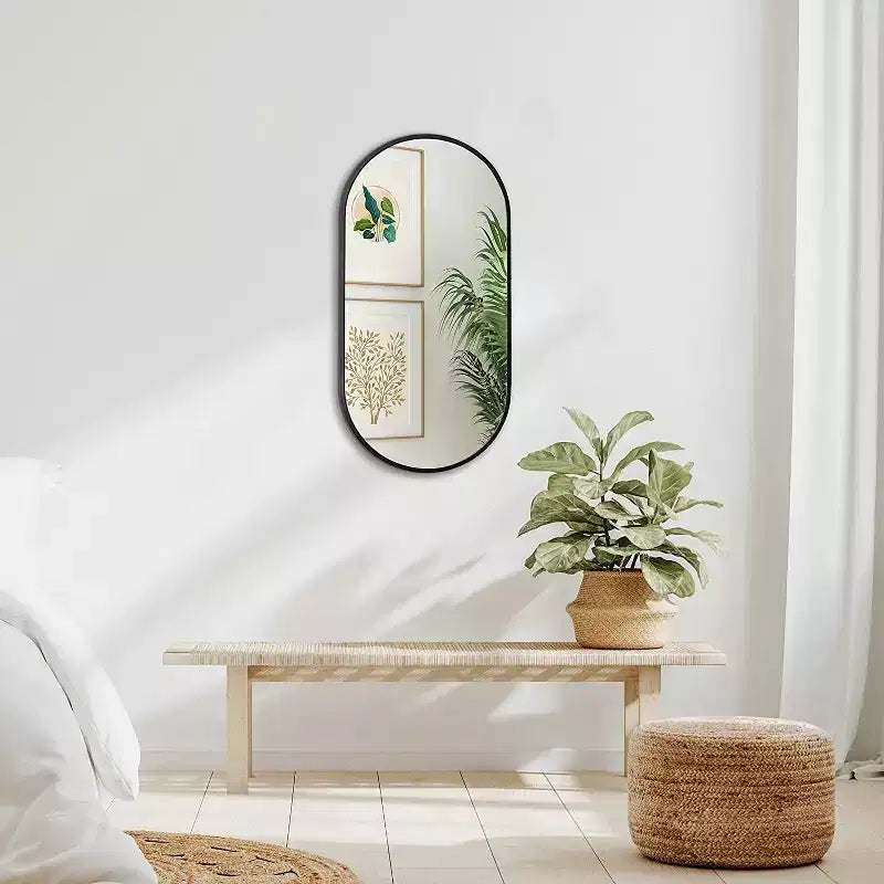 Miroir ovale mural encadré en alliage d'aluminium noir de 20 x 33 pouces pour meuble-lavabo de salle de bain
