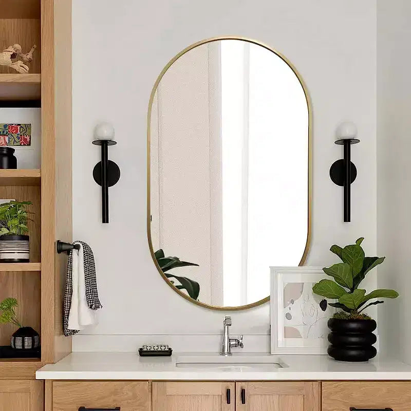 Miroir ovale mural encadré en alliage d'aluminium noir de 20 x 33 pouces pour meuble-lavabo de salle de bain