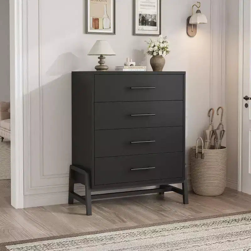Commode Acekool à 4 tiroirs noire, organisateur de rangement haut moderne, 75x39x98 cm pour chambre à coucher ou salon