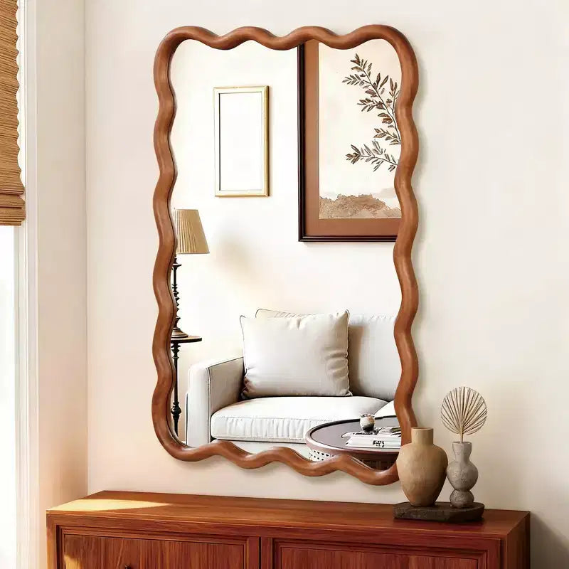 Miroir Mural Décoratif Cadre Bois Massif Rectangulaire Ondulé Couleur Bois Naturel 24 x 36 pouces pour la Maison
