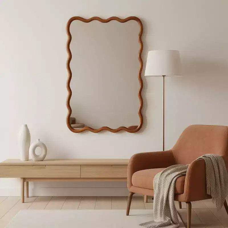Miroir Mural Décoratif Cadre Bois Massif Rectangulaire Ondulé Couleur Bois Naturel 24 x 36 pouces pour la Maison