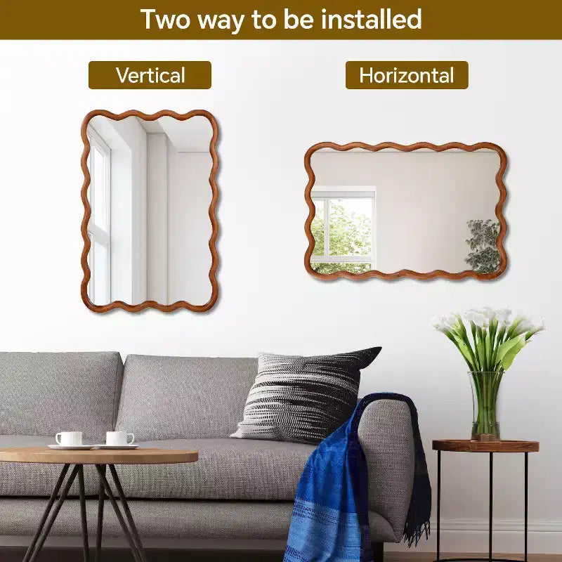 Miroir Mural Décoratif Cadre Bois Massif Rectangulaire Ondulé Couleur Bois Naturel 24 x 36 pouces pour la Maison