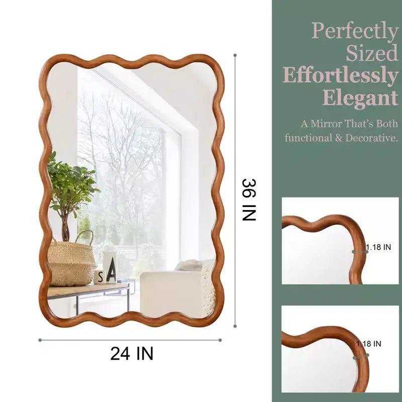 Miroir Mural Décoratif Cadre Bois Massif Rectangulaire Ondulé Couleur Bois Naturel 24 x 36 pouces pour la Maison