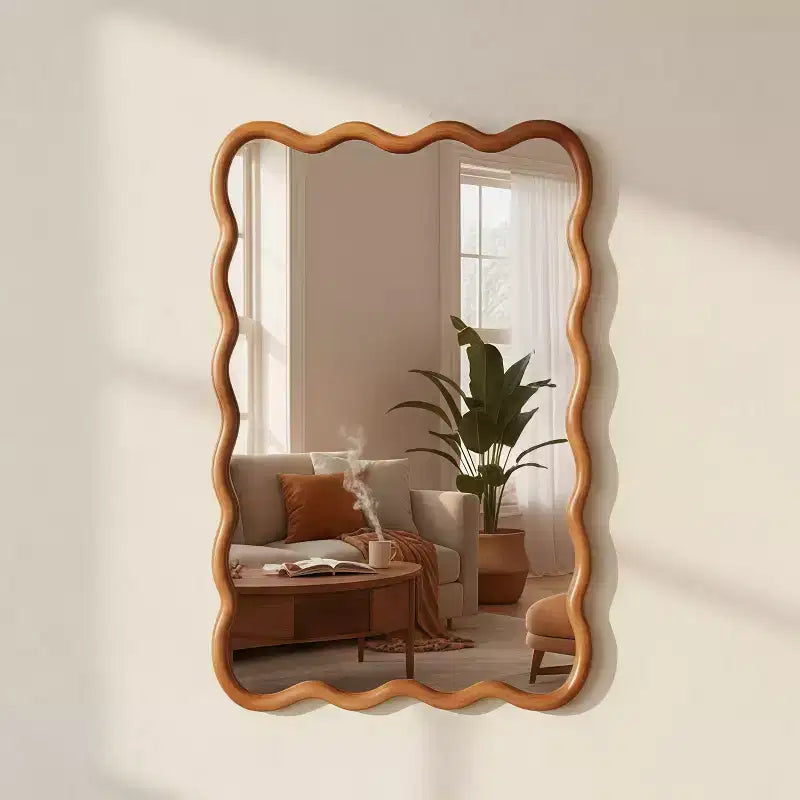 Miroir Mural Décoratif Cadre Bois Massif Rectangulaire Ondulé Couleur Bois Naturel 24 x 36 pouces pour la Maison