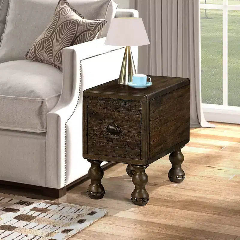 Table d'appoint rectangulaire vintage Okak avec tiroir, table d'appoint avec pieds et surface en bois, table d'appoint étroite pour petits espaces, salon