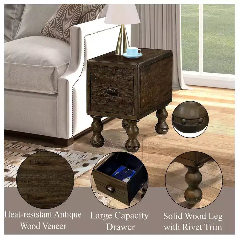 Table d'appoint rectangulaire vintage Okak avec tiroir, table d'appoint avec pieds et surface en bois, table d'appoint étroite pour petits espaces, salon