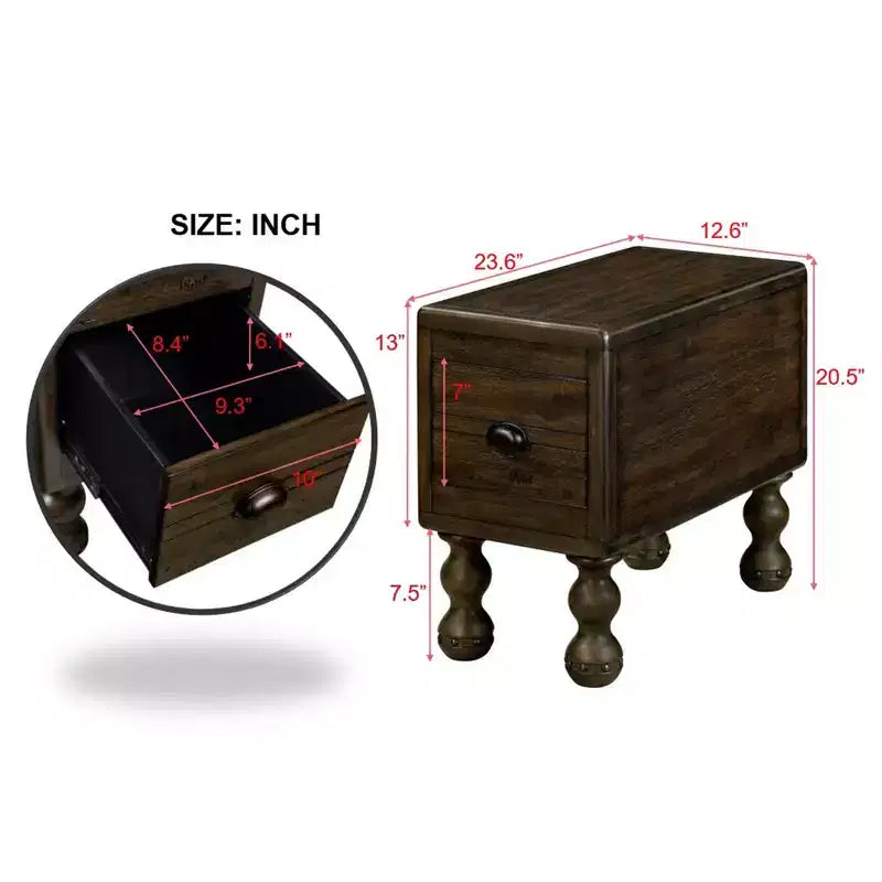 Table d'appoint rectangulaire vintage Okak avec tiroir, table d'appoint avec pieds et surface en bois, table d'appoint étroite pour petits espaces, salon