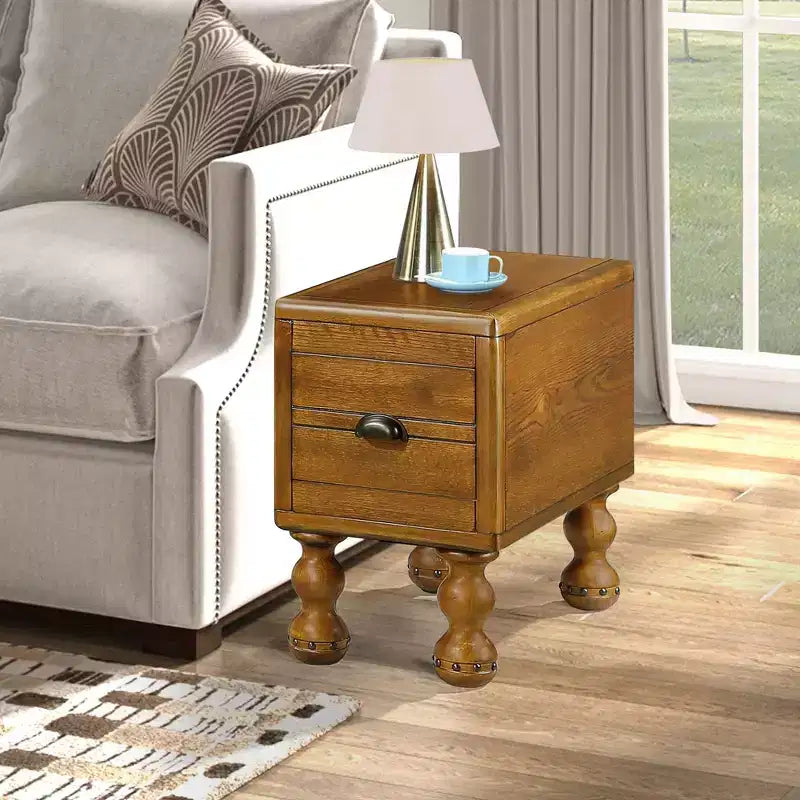 Table d'appoint rectangulaire vintage Okak avec tiroir, table d'appoint avec pieds et surface en bois, table d'appoint étroite pour petits espaces, salon
