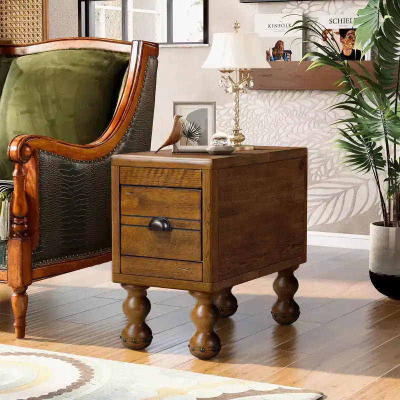 Table d'appoint rectangulaire vintage Okak avec tiroir, table d'appoint avec pieds et surface en bois, table d'appoint étroite pour petits espaces, salon