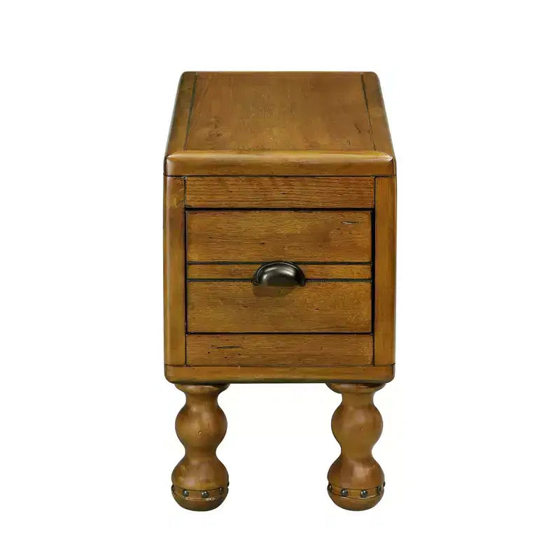 Table d'appoint rectangulaire vintage Okak avec tiroir, table d'appoint avec pieds et surface en bois, table d'appoint étroite pour petits espaces, salon