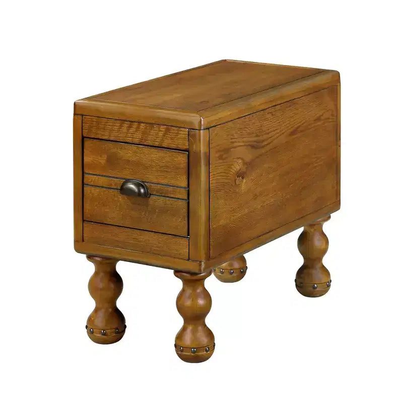 Table d'appoint rectangulaire vintage Okak avec tiroir, table d'appoint avec pieds et surface en bois, table d'appoint étroite pour petits espaces, salon