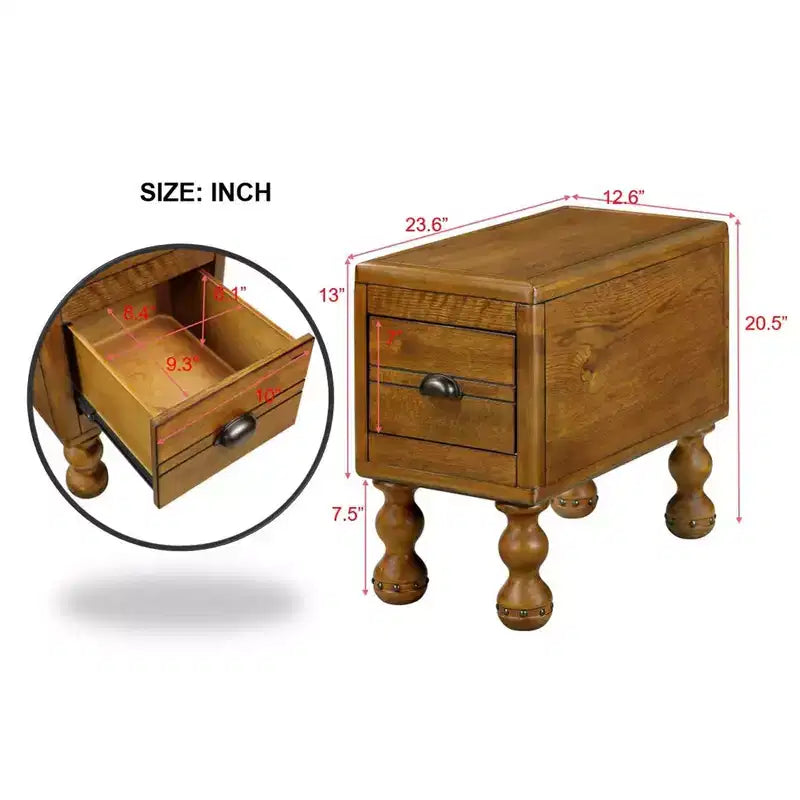 Table d'appoint rectangulaire vintage Okak avec tiroir, table d'appoint avec pieds et surface en bois, table d'appoint étroite pour petits espaces, salon