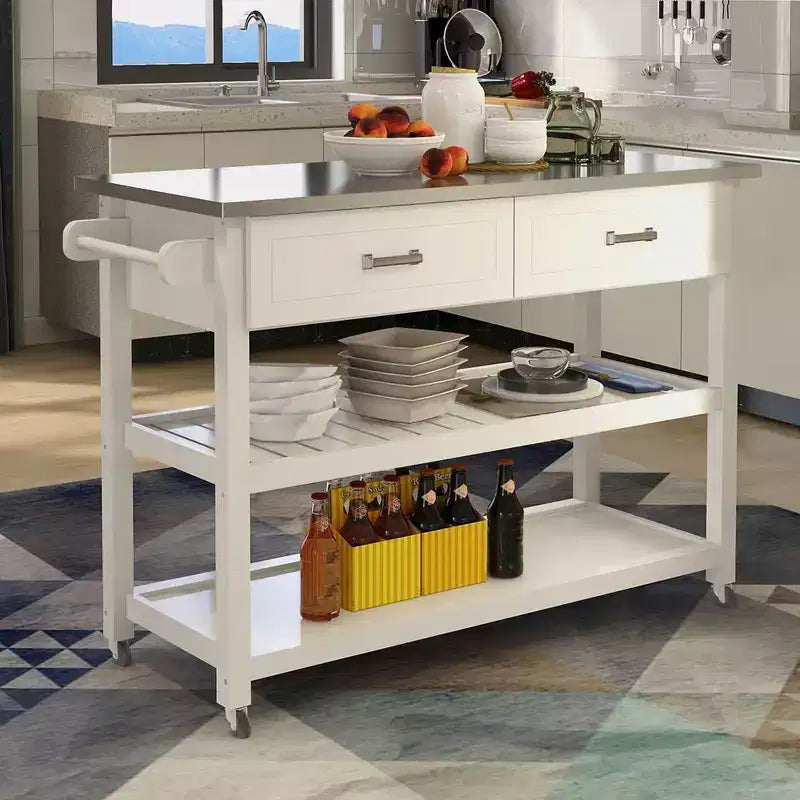 Meuble d'îlot de cuisine Okak avec plan de travail en acier inoxydable, chariot de cuisine avec 2 tiroirs et 2 étagères ouvertes, organisateur de comptoir de cuisine, blanc