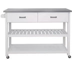 Meuble d'îlot de cuisine Okak avec plan de travail en acier inoxydable, chariot de cuisine avec 2 tiroirs et 2 étagères ouvertes, organisateur de comptoir de cuisine, blanc