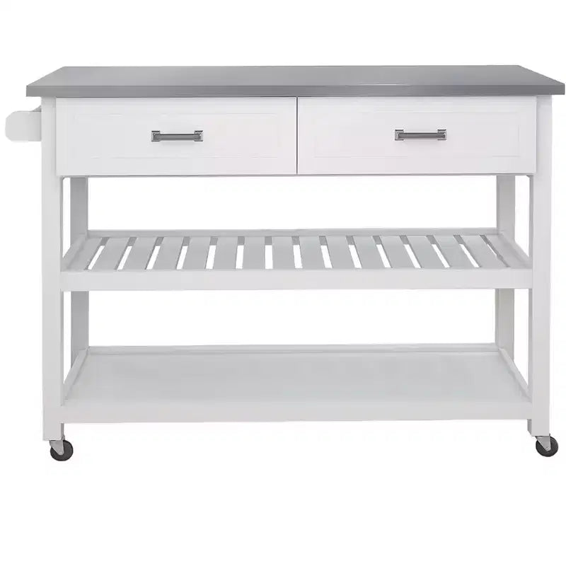 Meuble d'îlot de cuisine Okak avec plan de travail en acier inoxydable, chariot de cuisine avec 2 tiroirs et 2 étagères ouvertes, organisateur de comptoir de cuisine, blanc