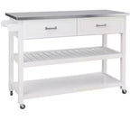 Meuble d'îlot de cuisine Okak avec plan de travail en acier inoxydable, chariot de cuisine avec 2 tiroirs et 2 étagères ouvertes, organisateur de comptoir de cuisine, blanc