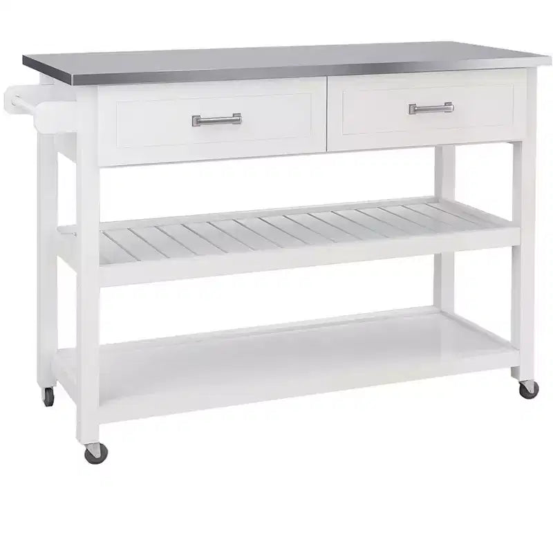 Meuble d'îlot de cuisine Okak avec plan de travail en acier inoxydable, chariot de cuisine avec 2 tiroirs et 2 étagères ouvertes, organisateur de comptoir de cuisine, blanc