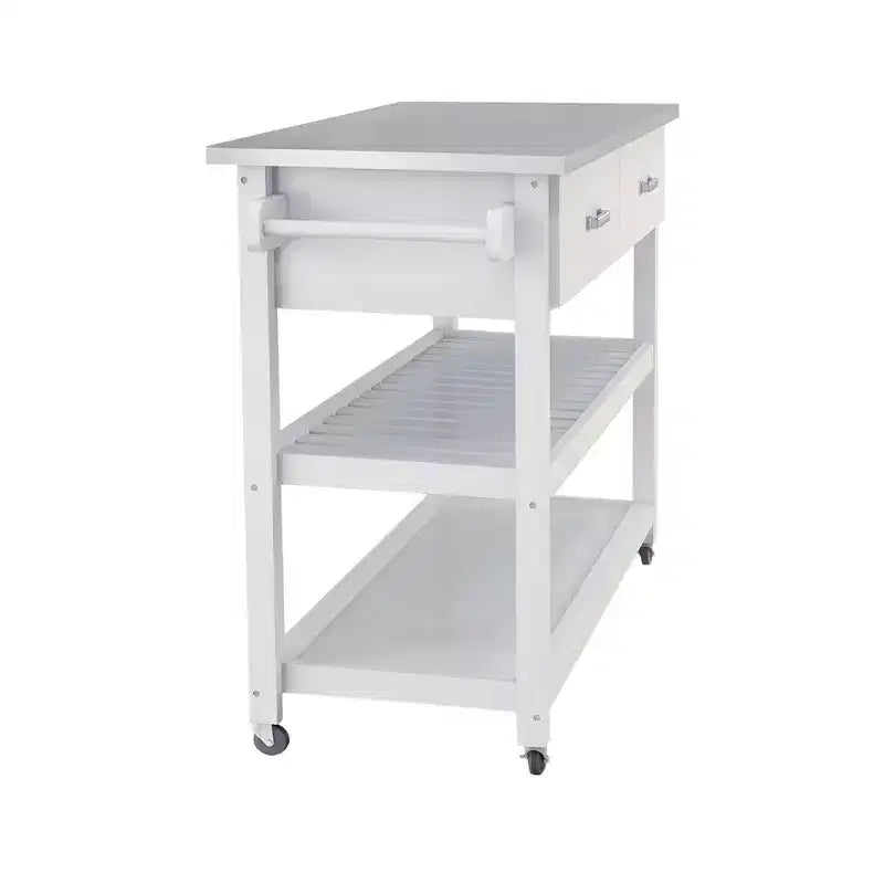 Meuble d'îlot de cuisine Okak avec plan de travail en acier inoxydable, chariot de cuisine avec 2 tiroirs et 2 étagères ouvertes, organisateur de comptoir de cuisine, blanc