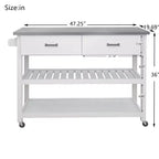 Meuble d'îlot de cuisine Okak avec plan de travail en acier inoxydable, chariot de cuisine avec 2 tiroirs et 2 étagères ouvertes, organisateur de comptoir de cuisine, blanc