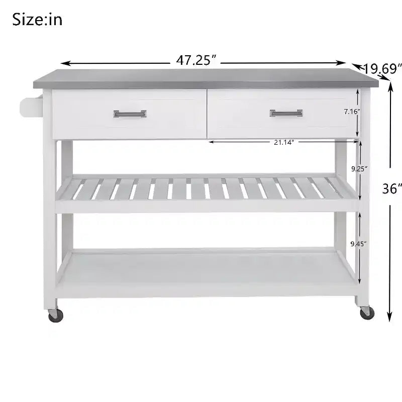 Meuble d'îlot de cuisine Okak avec plan de travail en acier inoxydable, chariot de cuisine avec 2 tiroirs et 2 étagères ouvertes, organisateur de comptoir de cuisine, blanc