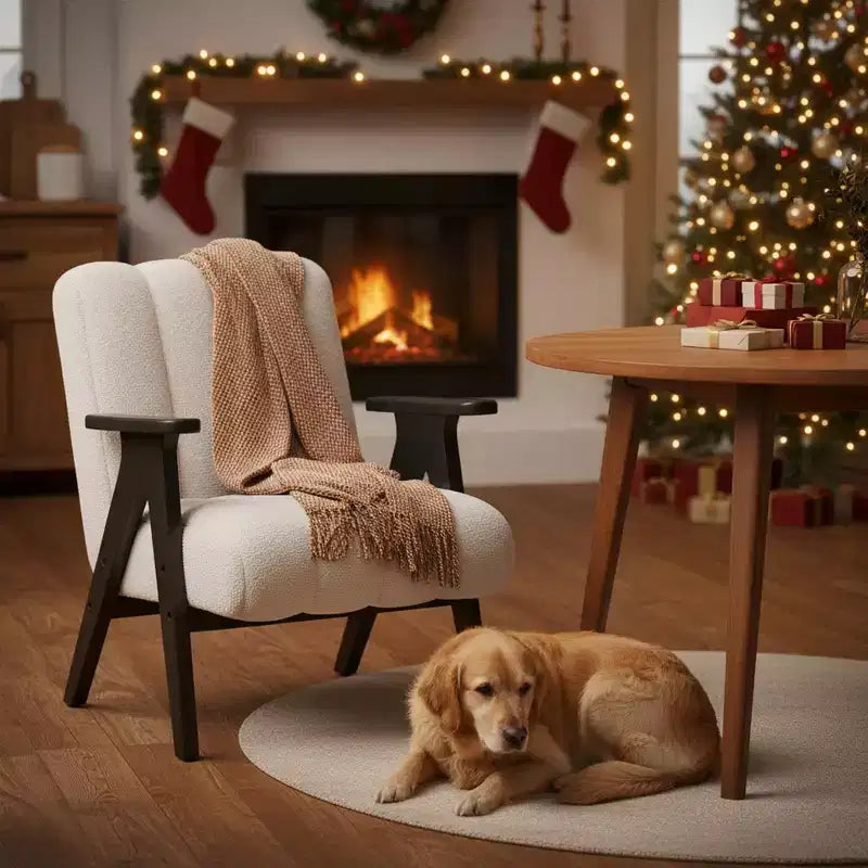 Fauteuil d'appoint moderne Homy Casa avec tissu bouclé touffeté et cadre en bois, beige